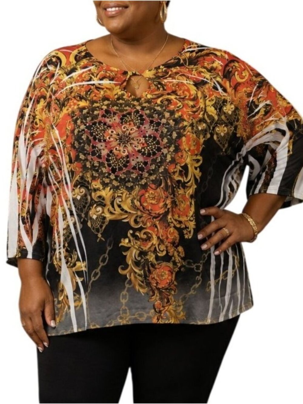 Beverly Drive Plus Size XL Top Floral Chain Print Keyhole/3/4 Sleeves